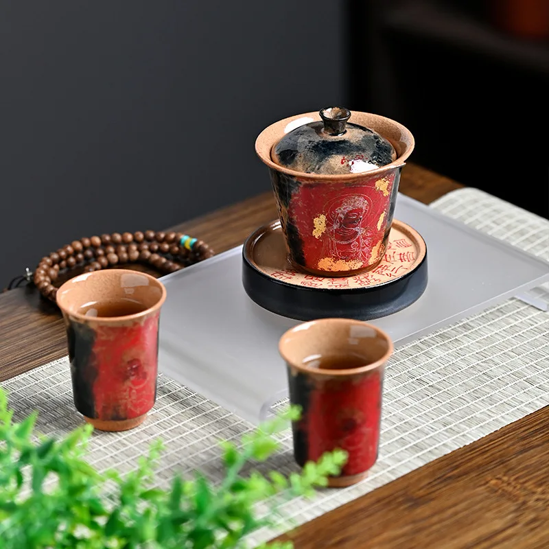 Chinese Style Dunhuang Hand-painted Gold Covered Bowl, Retro Tea Cup, High-end Gift Ceramic, Sliced Kung Fu Tea Brewing Utensil