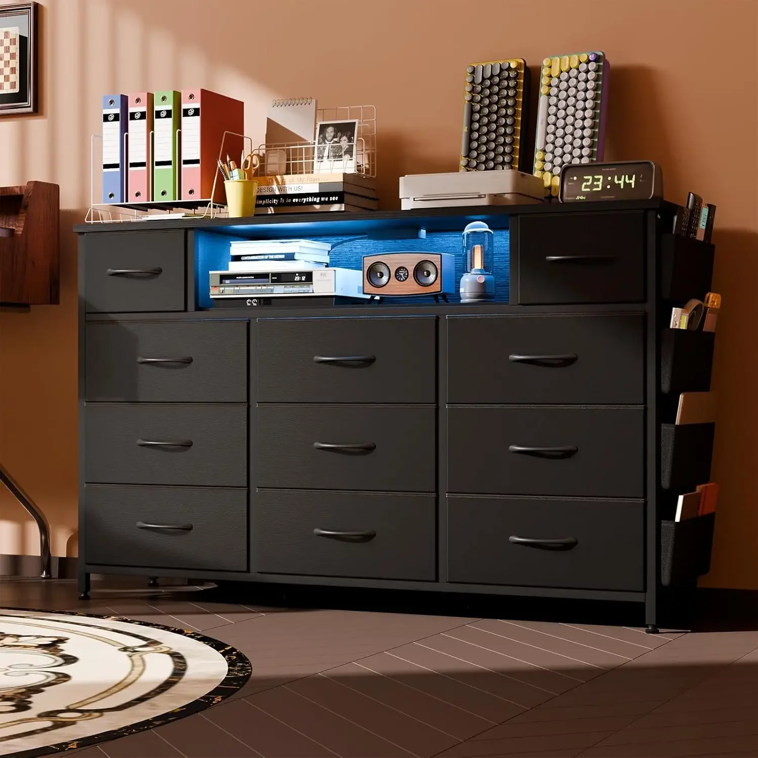 Black Dresser for Bedroom with Power Outlets and LED Lights 11 Drawers Dresser with Side Pocket for Kids Bedroom, Fabric