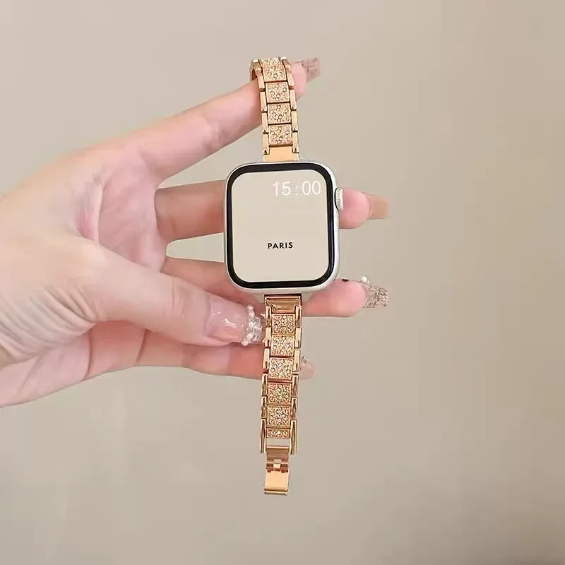 Nowy damski smukły pasek ze stali nierdzewnej do zegarka iWatch Ultra 9 8 7 6 SE 5 4 3 2 Diamond Band do zegarka Apple 38 40 41 42 44 mm 45 mm 49 mm
