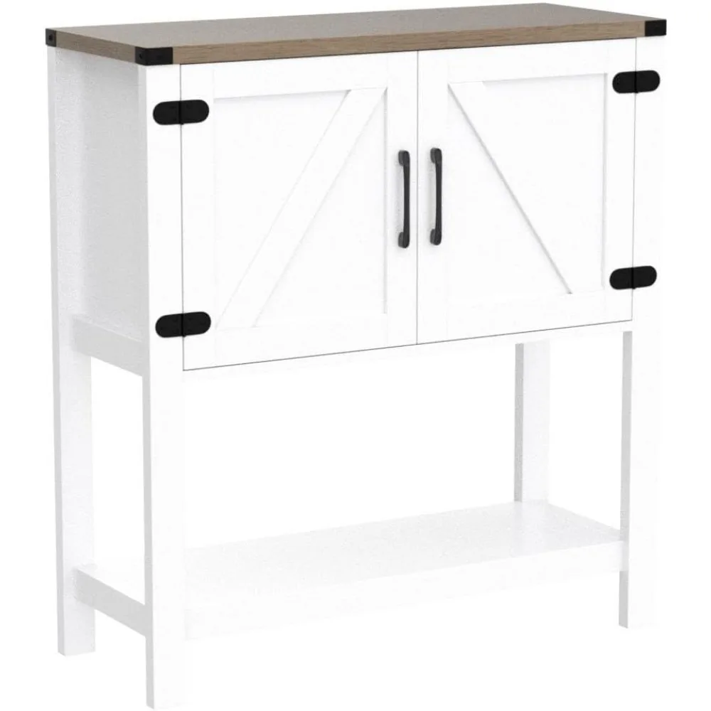 Table console blanche avec 2 armoires de rangement, buffet de ferme, armoire de bar, table de canapé, 31.5 L x 13.8 P x 34.65 H