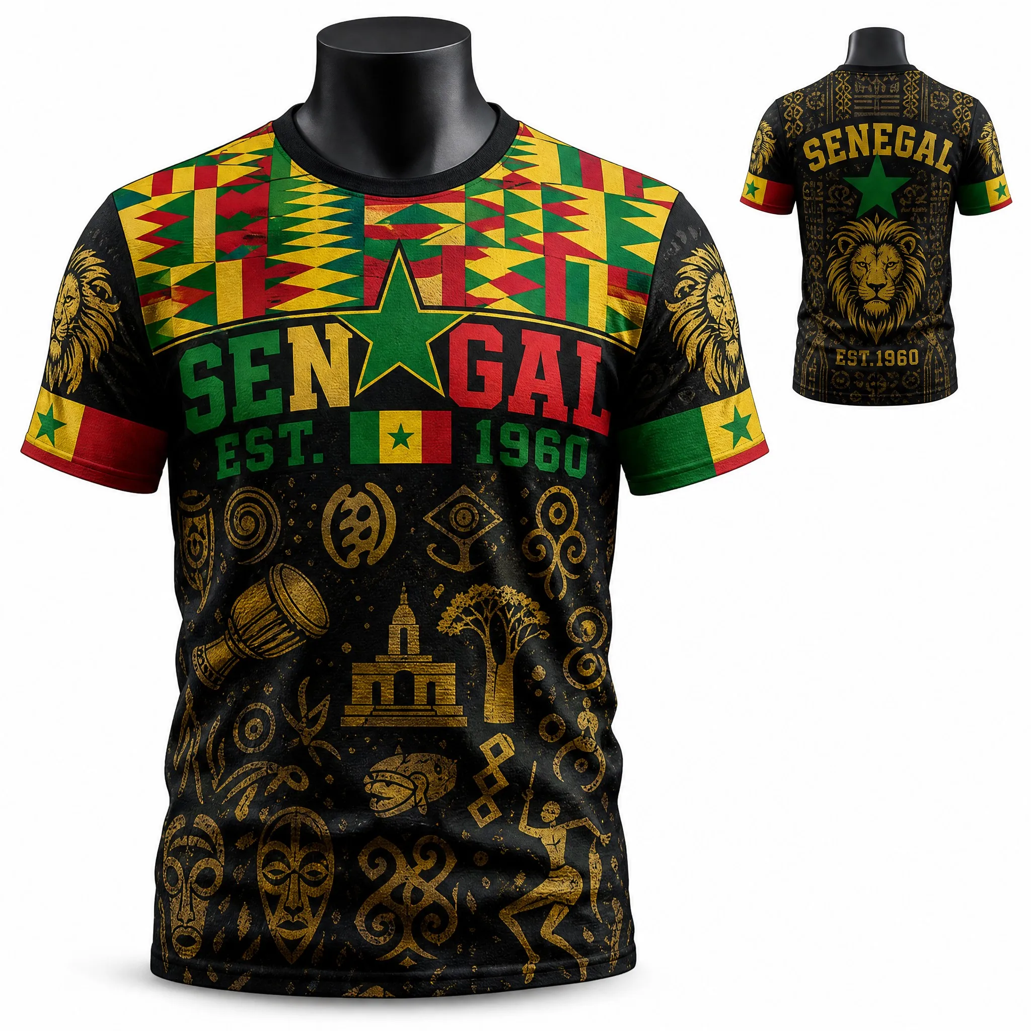 Senegal Mens Gradient Lion Graphic Tee Map Back Shirt Short Sleeve Football Fan Top Street Stadium Daily Outfit Wear Daily Style