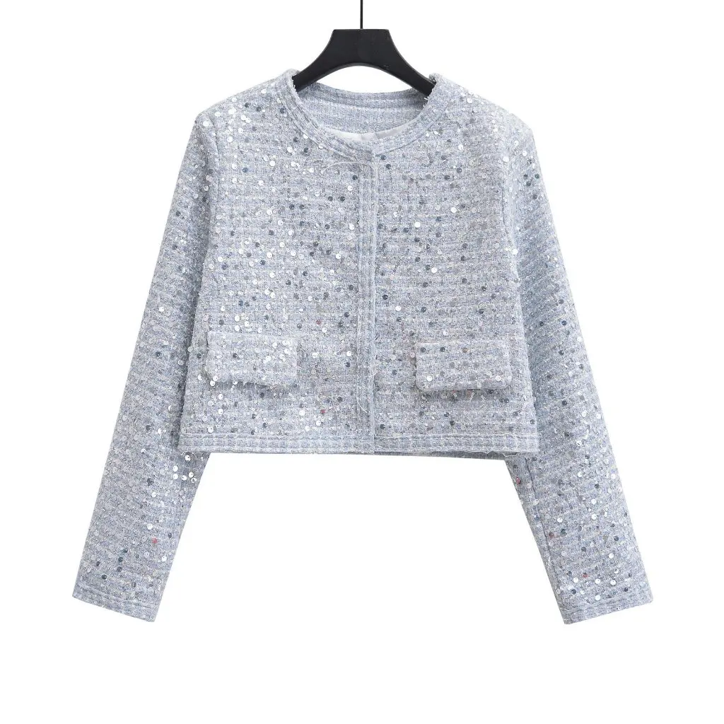 

Women's round Neck Sequin Jacket Solid Color Casual Short All-match Small Fashion Autumn New European And American Style