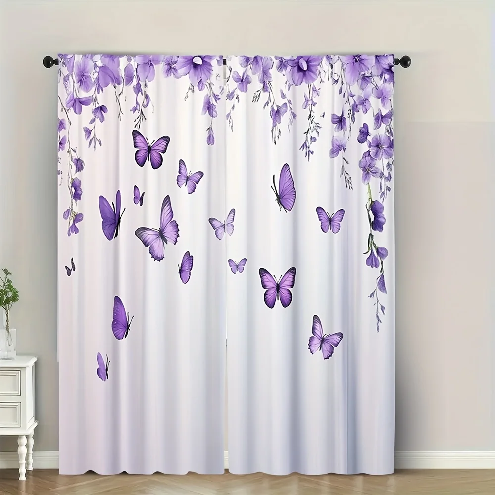 2PCS Digital Printed Curtains, Simple Summer Purple Butterfly Pattern, Stylish Window Treatment for Living Room Bedroom Decor