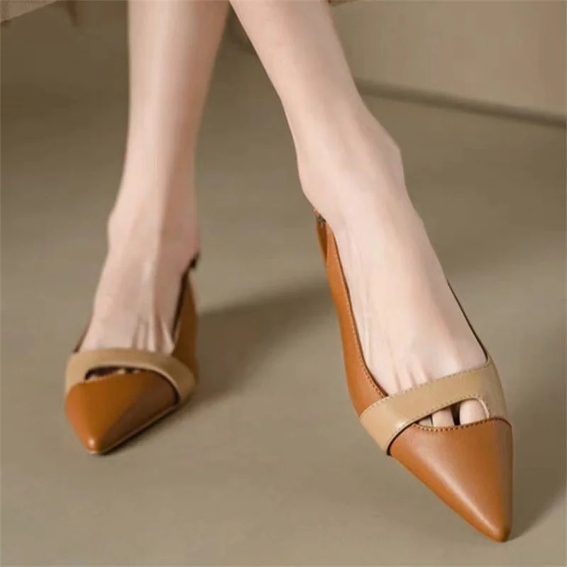 2024 Summer New Pointed Toe Women Sandals Leather Face Color Block Light Mouth Shoes Comfortable External Wearing Lady shoes