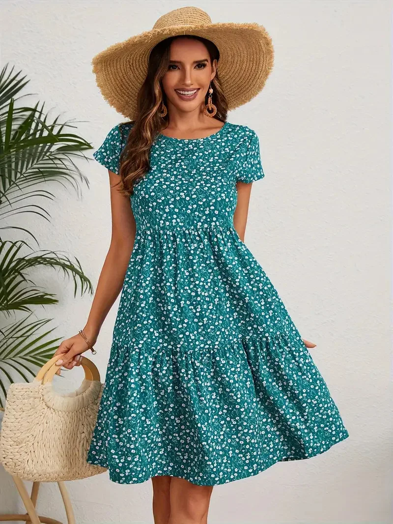 Damen-Sommerkleid mit Blumenmuster, plissiert, kurzärmelig, Rundhalsausschnitt und durchgehendem Rock