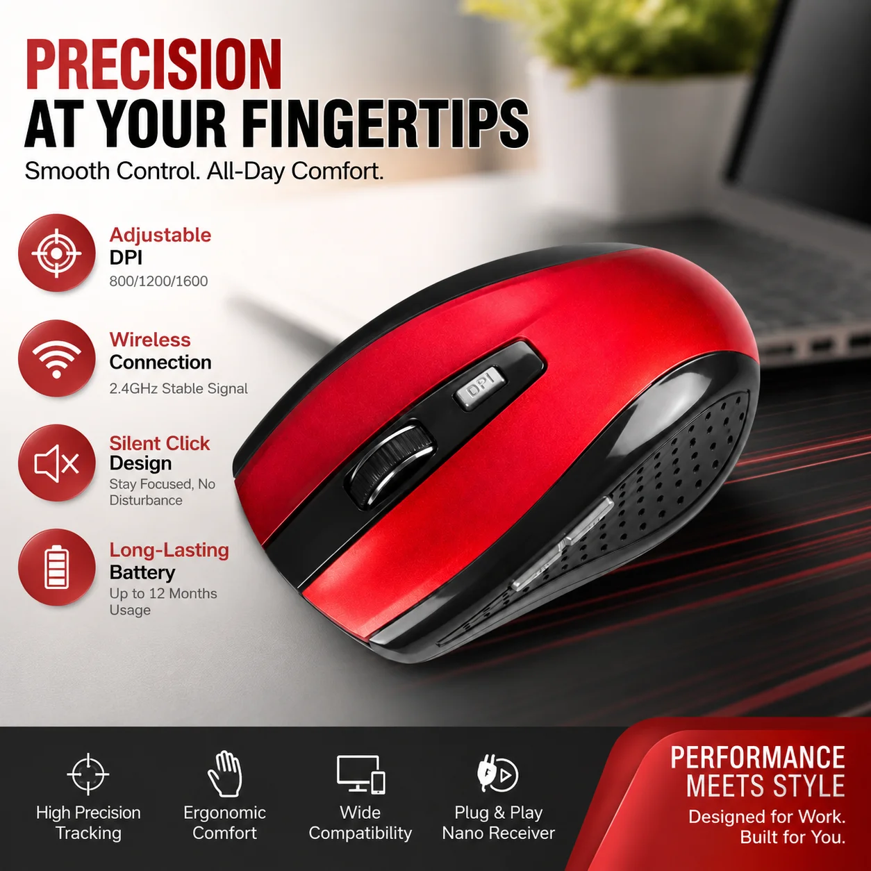 2.4GHz Wireless Lightweight Optical Mouse DPI Adjustable Portable Ergonomic Design Computer Mouse For PC Computer Laptop Tablet