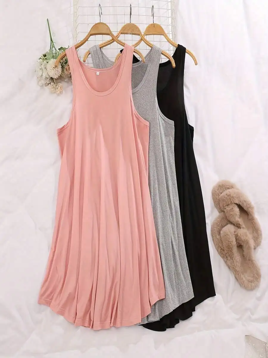 

3pcs Set Lightweight Breathable Soft Camisole & Nightgown, Casual Loose Comfortable Sleepwear For Women, Spring/Summer