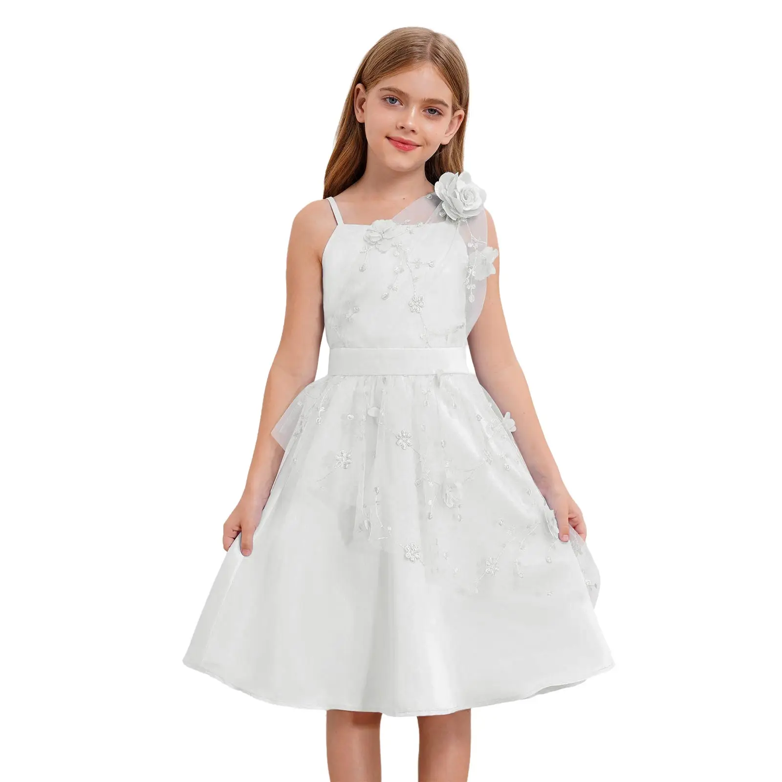 

Kids Girls Party Dress Sweet Spaghetti Strap Sleeveless Flower Embroidery Tulle Knee Length Dress for Banquet Birthday Gown