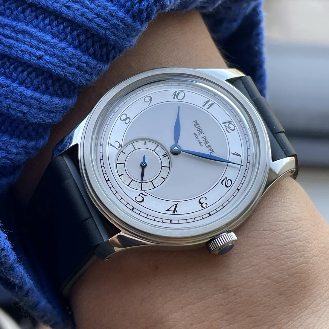 High-end heren 38MM horloge zwart geëmailleerde wijzerplaat ST17 handmatig mechanisch horloge leer waterdicht