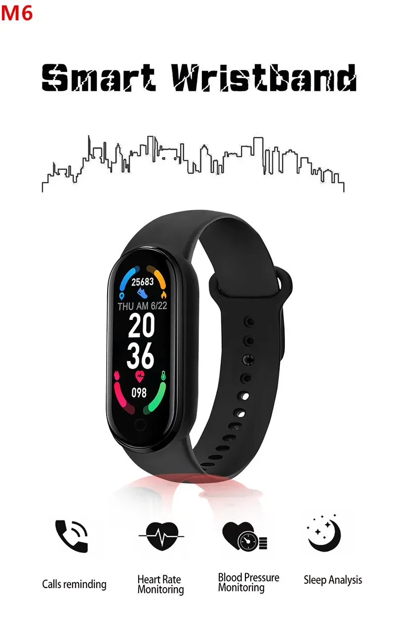 M6 Smartwatch معدل ضربات القلب مراقبة ضغط الدم ساعة ذكية الرجال النساء جهاز تعقب للياقة البدنية ساعة مقاوم للماء الرياضة الذكية معصمه