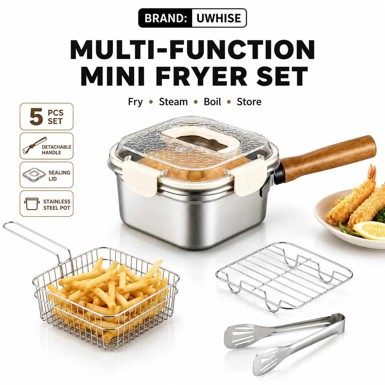 Uwhise Square Fryer Pot Stainless Steel Saucepan Deep Fryer Pot With Basket Storage Container Detachable Handle Camping Cookware