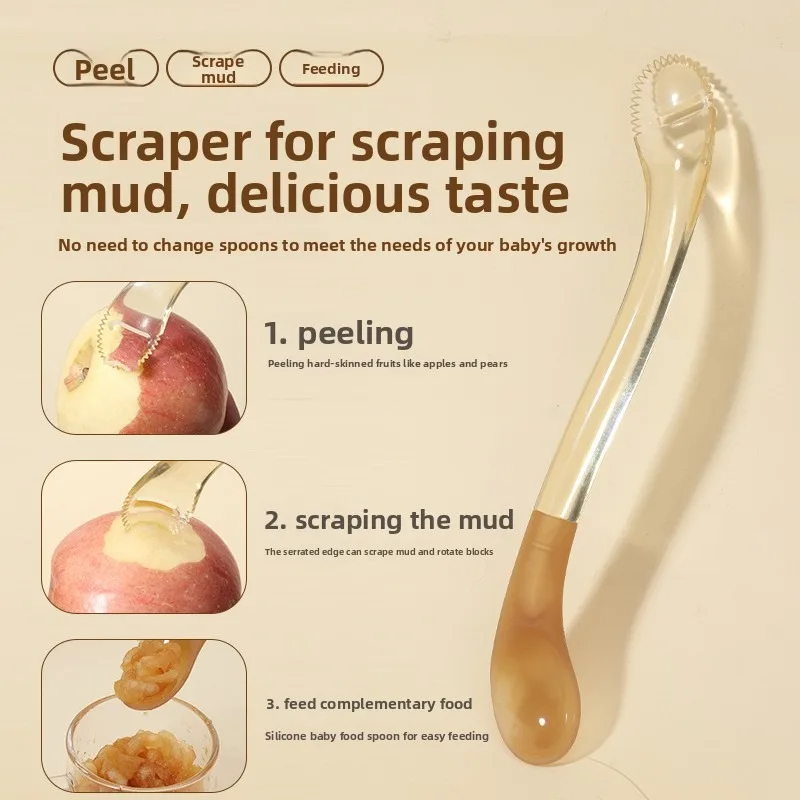 

Силиконовая детская ложка 2-в-1, двухсторонняя для соскабливания и кормления пюре, мягкая, без BPA, необходимая посуда для детского питания