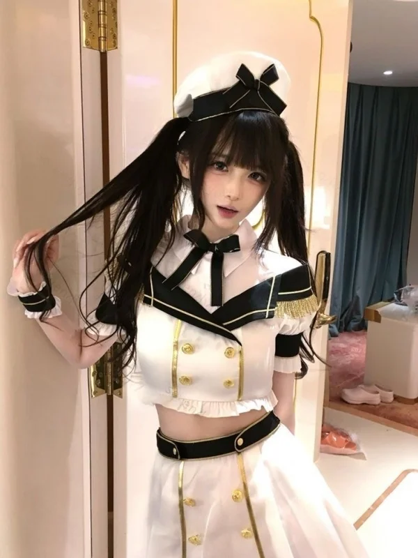 

Summer New Style Japanese College Wind Salt And Sweet Sailor Suit Double Button High Waist Skirt Two-Piece Set Women