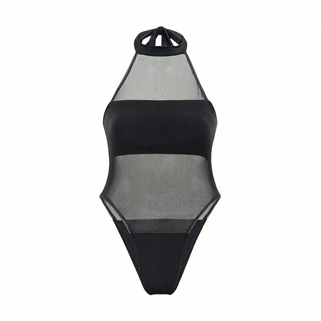 

Black Mesh One Piece Swimsuit High Neck Hollow Out Cutout Swimwear Sexy Monokini Padded Lined Bathing Suit Women 2026