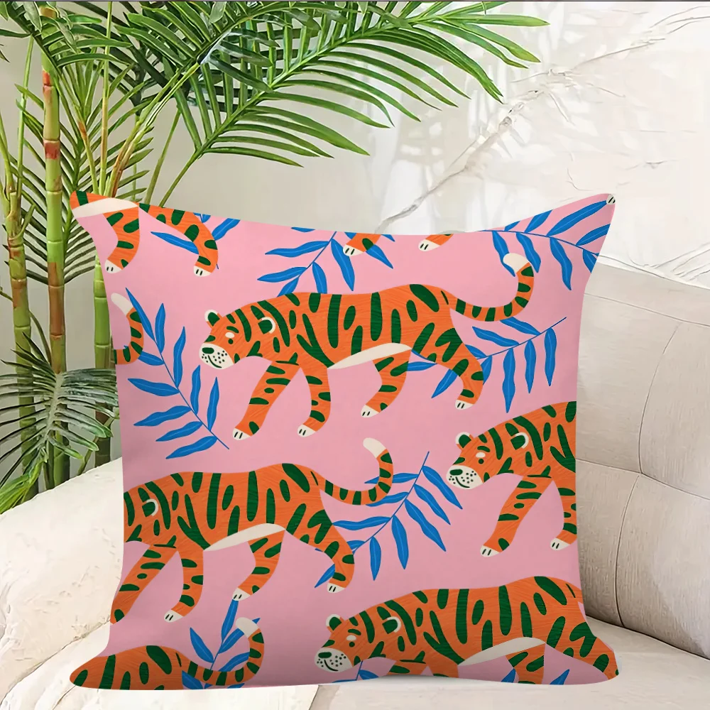 Tropical Tiger Motif Pillow Cover Square Polyester Cushion Case Zipper Machine Washable – Pink Background with Botanical Accents