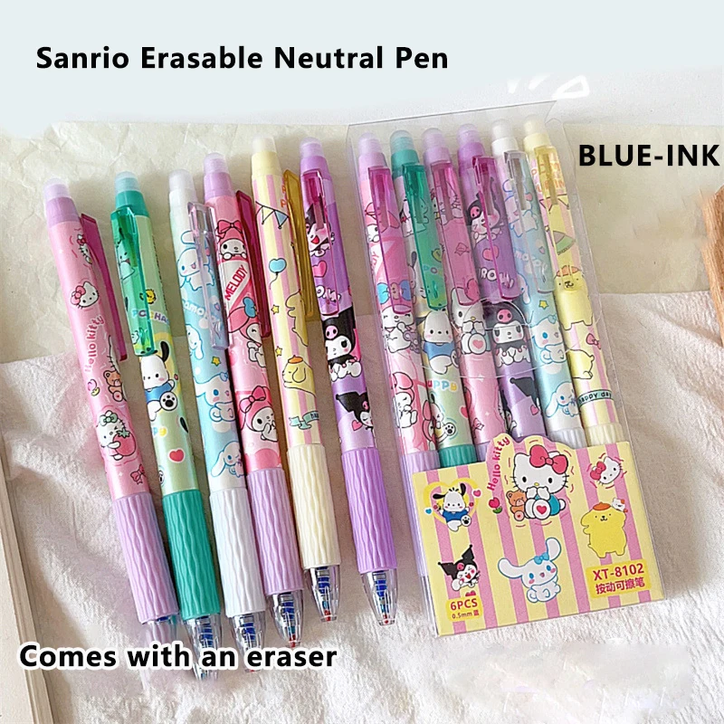 Sanrio Desenhos Animados Erasable Gel Pen, Cinnamonroll Kuromi Melody, Tinta Azul Escrita, Caneta de Secagem Rápida, Papelaria Estudante, 0.5mm, 1/6Pcs