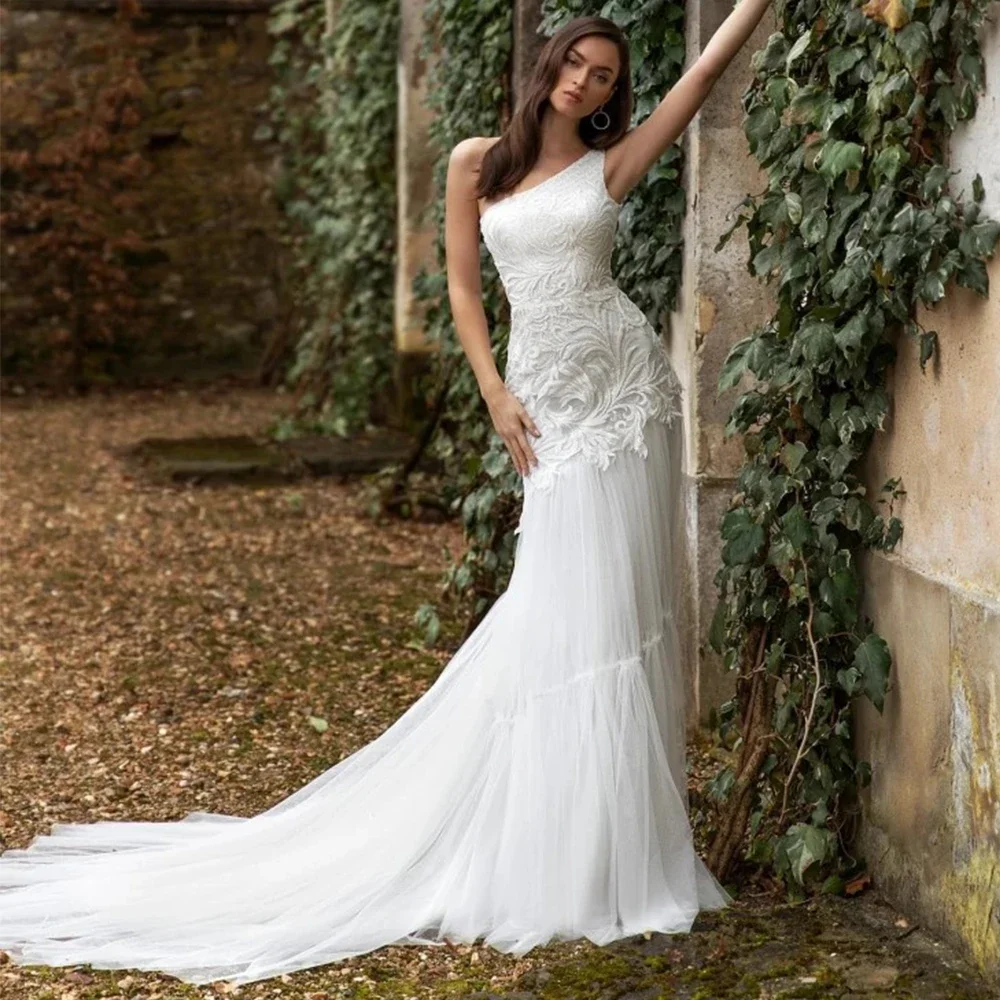 Vestido de casamento vintage, um ombro, sem mangas, sereia, até o chão, com apliques, tule, sexy, costas nuas, noiva, trem de varredura