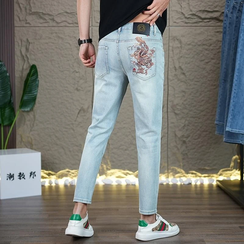 Men's 2026 New Chinese Style Embroidered Pattern Stretch Jeans Slim Straight Fashion Versatile Casual Daily Long Denim Pants