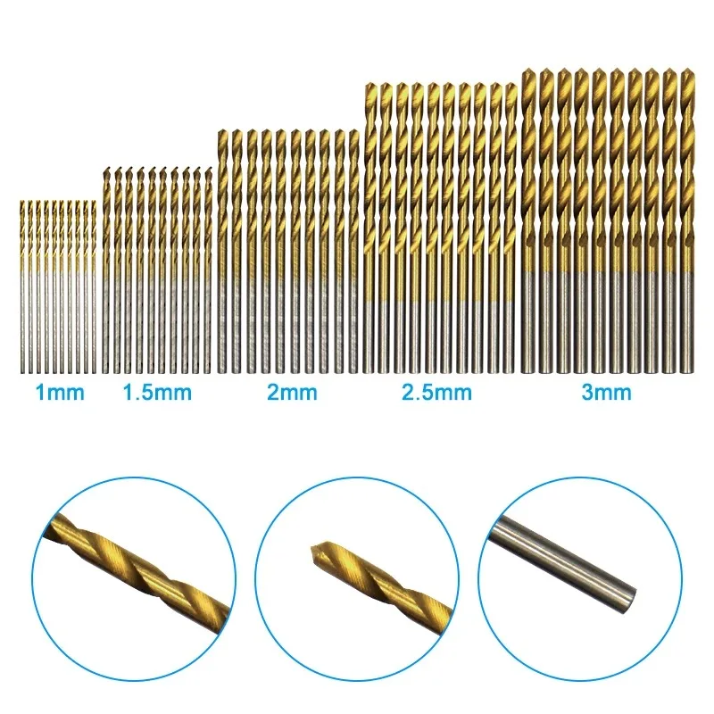 

50Pcs High Speed SteelTitanium Coated Twist Drill Bits Set 1mm-3mm Mini Drill Bit For Metal Wood Plastic Power Tool Accessories