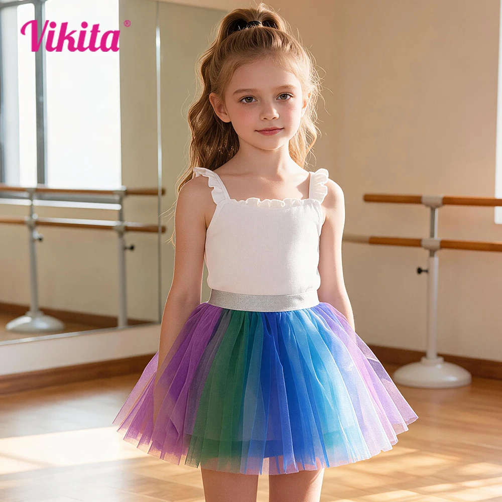 VIKITA Teenagers Girls Colorful Gradient Skirts Kids Fluffy Birthday Party Festival Casual Mesh Tulle Blue Elastic Cozy Skirts
