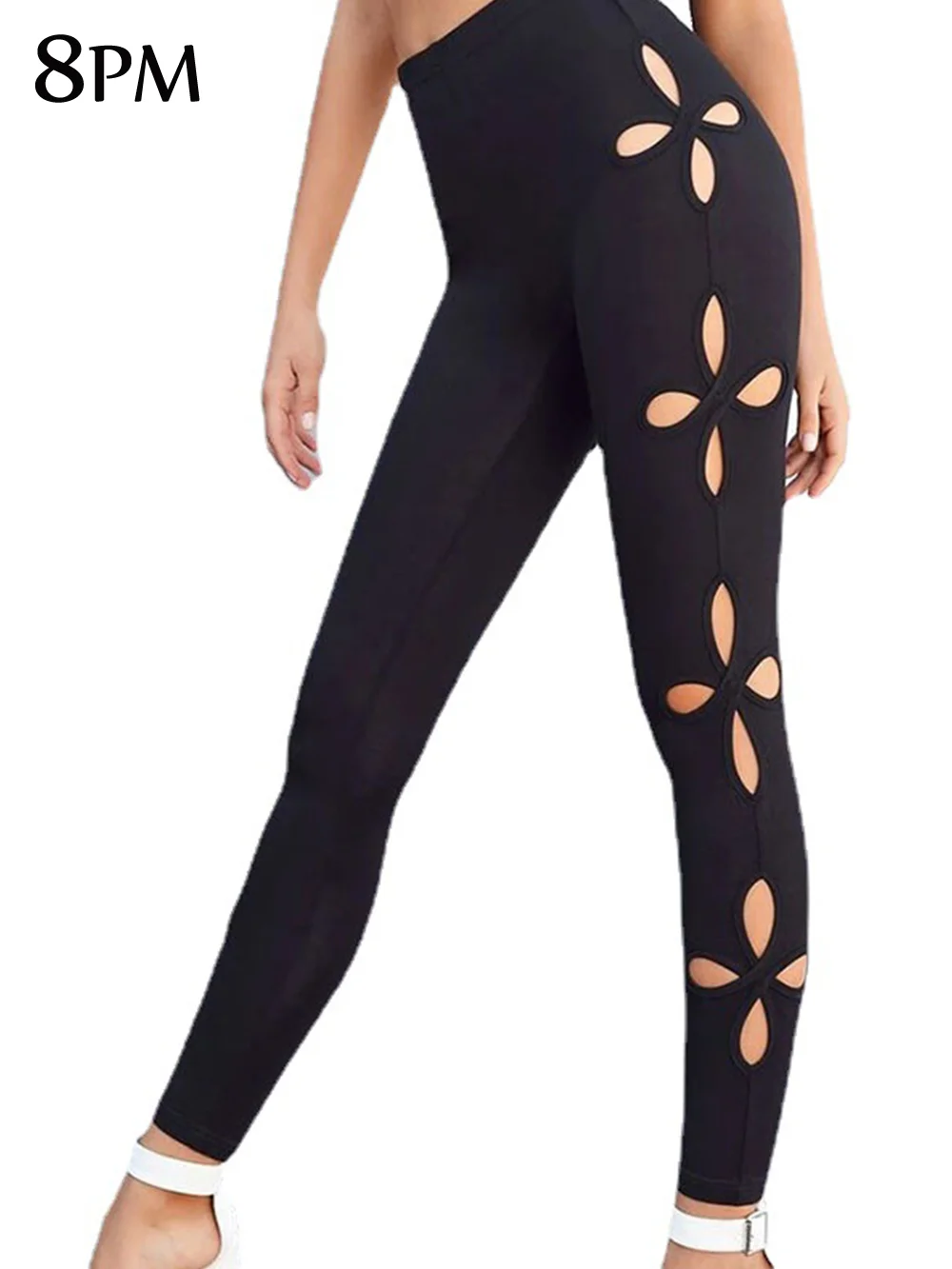 Women Black Leggings Clover Printed Stretchy Skinny Sheer Mesh Insert Workout Leggings Yoga Tights Casual Stretchy Pants ouc1460