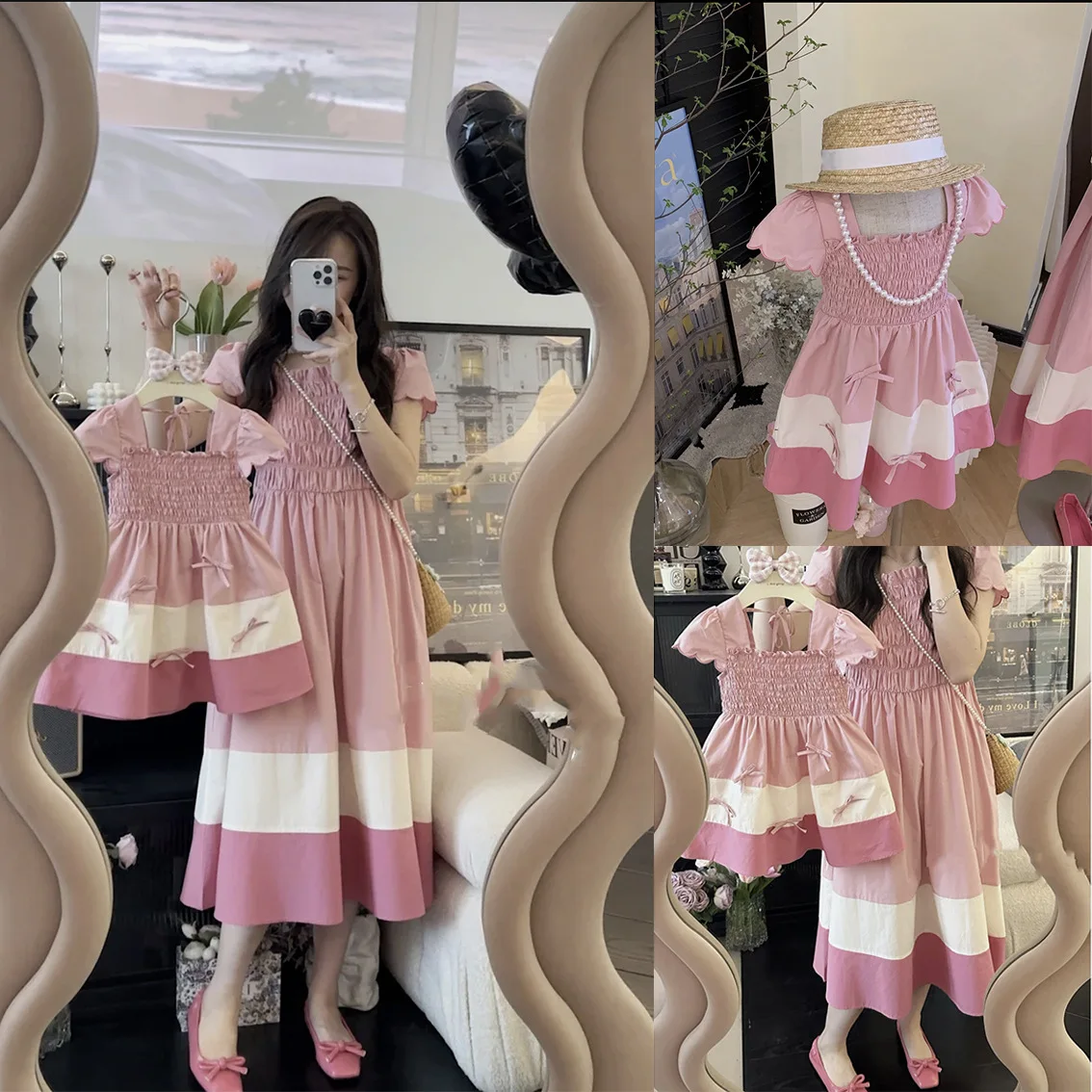 Parent-child summer short-sleeved mother-daughter dress fried street skirt girl soft pink sweet thin.