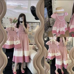 Parent-child summer short-sleeved mother-daughter dress fried street skirt girl soft pink sweet thin.