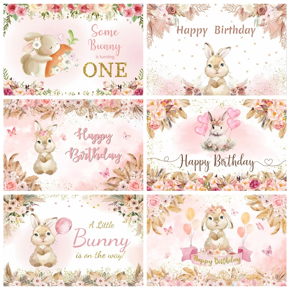 

Easter Rabbit Backdrop Photography Boho Flowers A Little Bunny Is On The Way Baby 1st Birthday Party Decoration Photo Background