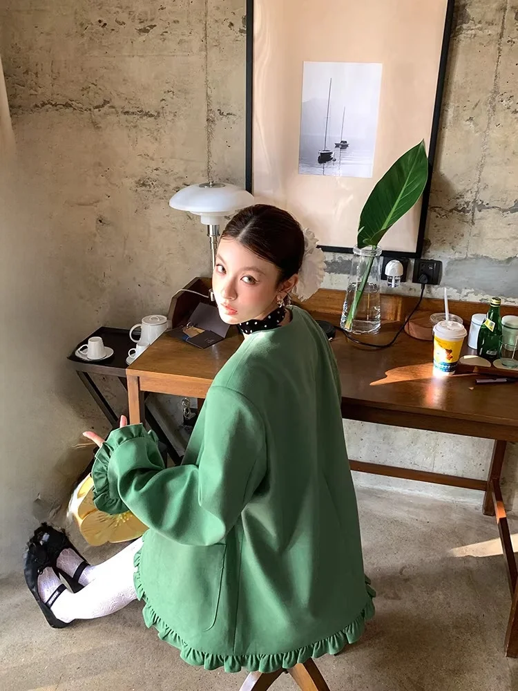 

DULA Good Home een Lace Trim V-Ne Suit Jaet Women's Spring Loose Casual Sle Button ket Polyester Long Sve