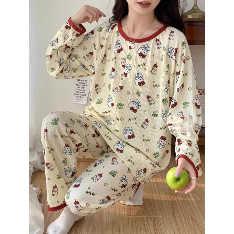 Sanrio Cartoon Pyjama Homewear Casual Losse Ademende Zijden Pyjama Dames Hello Kitty Broek Met Lange Mouwen Dames Pyjama