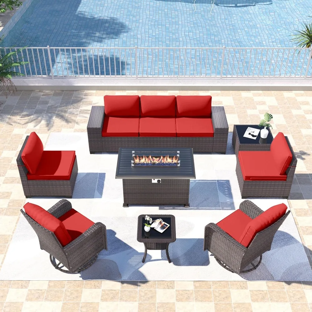 Outdoor Wicker Sofa Sets,with Fire Pit Table,Swivel Rocking Chairs Set,10PCS Outdoor Patio Furniture Set