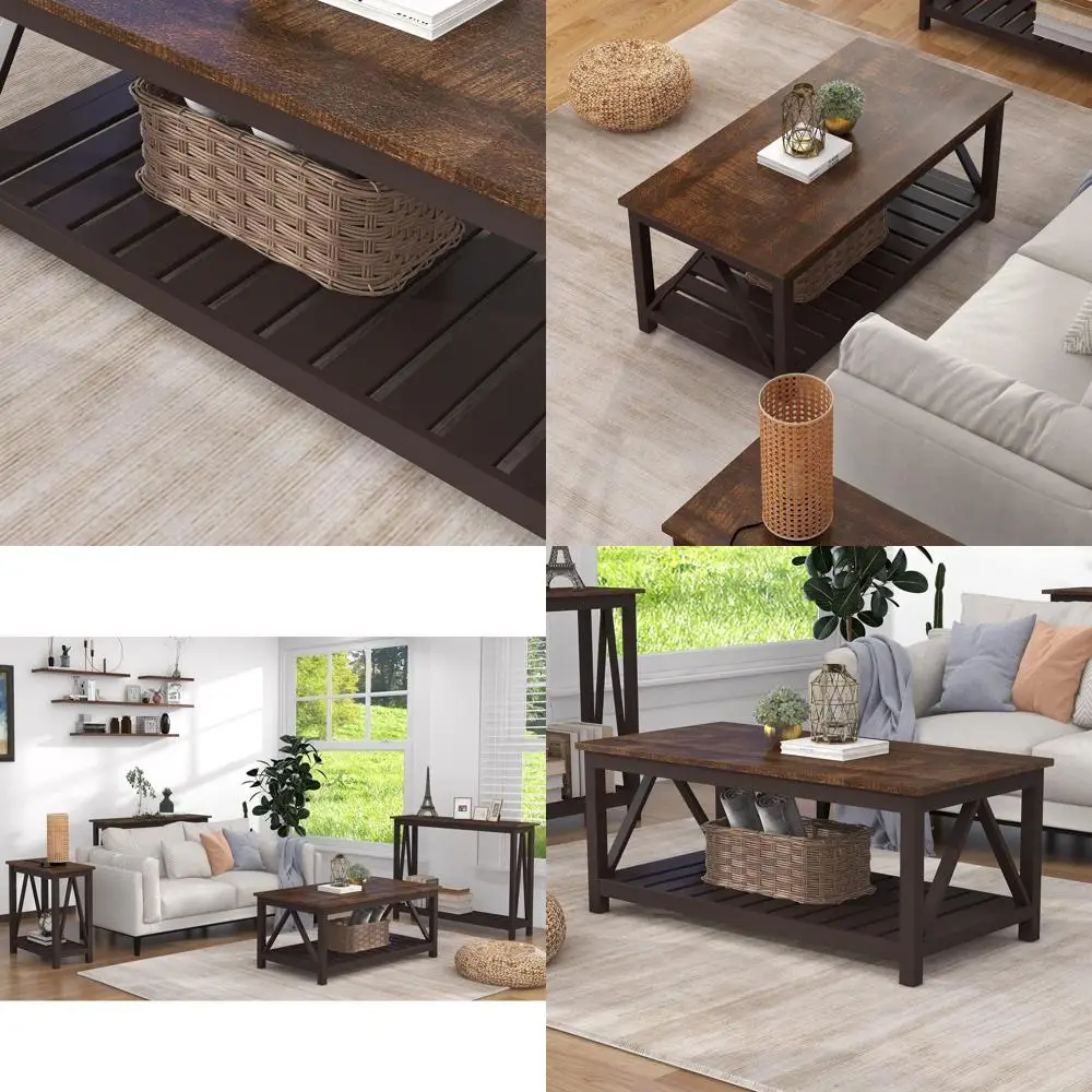 

Espresso Vintage Farmhouse Shelf Coffee Table, Rustic 40 Living Room Furniture