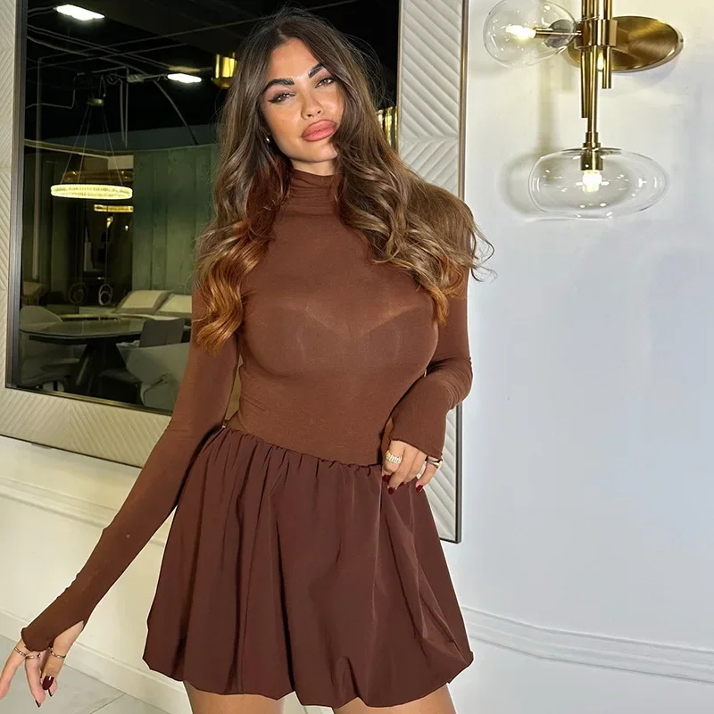 

Talenza High Neck Slim A-Line Dress Women's Solid Long Sleeve Bud Dress Elegant High Waist See-through Pullover Patchwork Dress