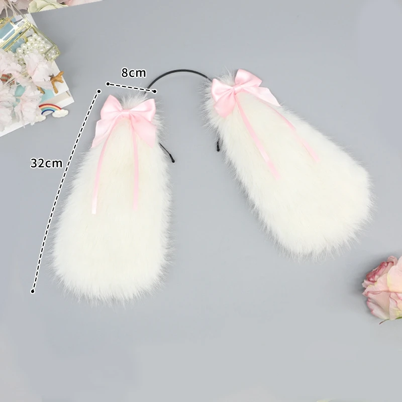 Lolita Cute Bow White Big Rabbit Ears Fluffy Earlobes Headband KC Daily Look Celebrity Headwear Halloween Accessories