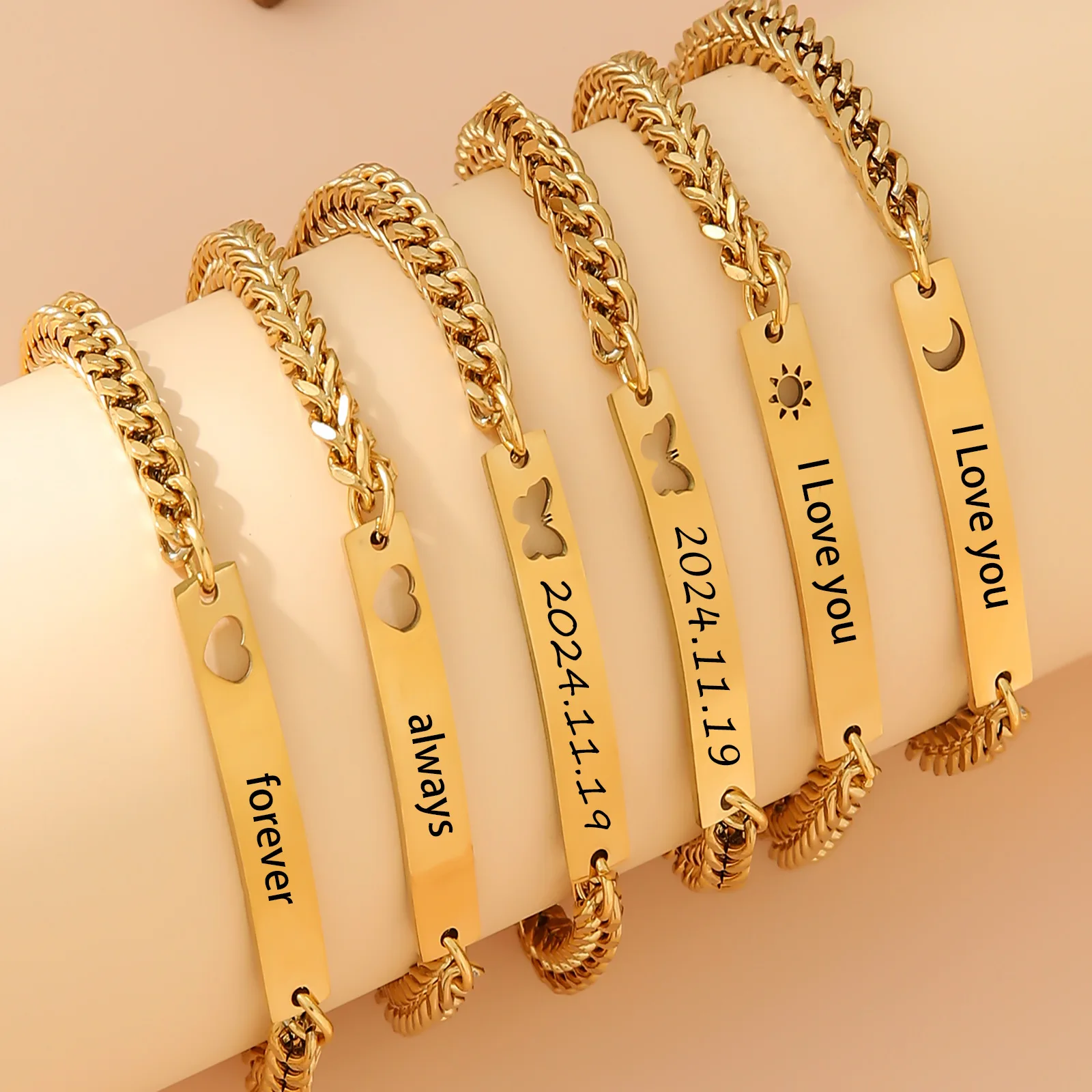 

Stainless Steel Figaro Cuban Chain Bracelet Heart Engraving ID Bracelets Customize Engrave Name Letter Bracelets For Men Women