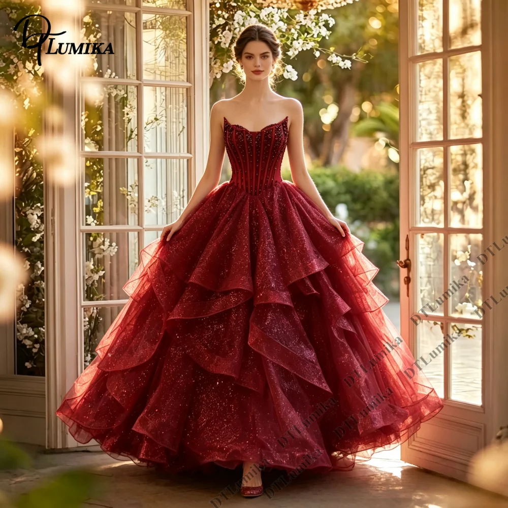Tiered Ruffled Skirt Sparkly Tulle Formal Evening Gown Corset Burgundy Military Ball Gown Customized Quinceanera Party Dress