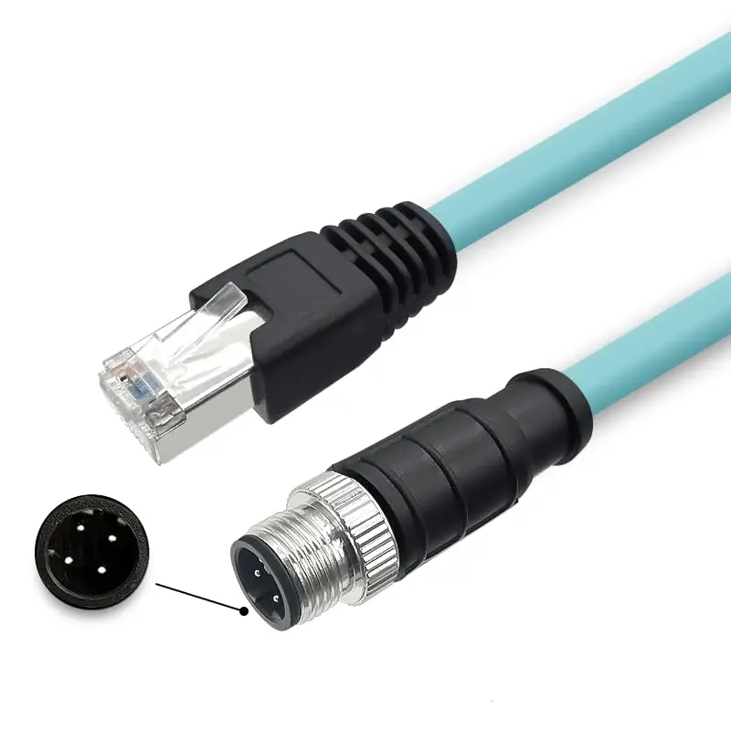  M12 D-Coded 4 Pin Male to RJ45 Gigabit High Flexible Ethernet Interface Cat7 Shielded Cable 1 Meter