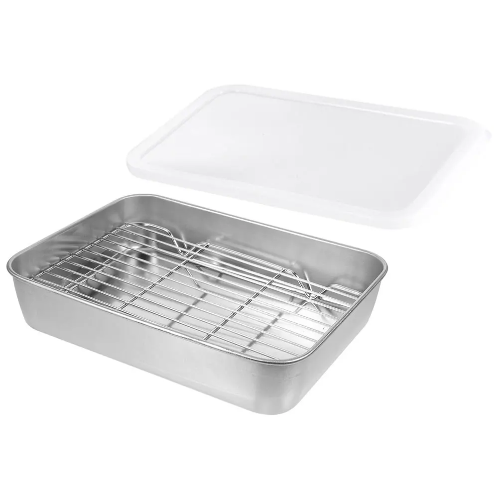

1Set Airtight Kitchen Stainless Steel Food Pan Deep Capacity Roasting Pan Rack Oil Strainer Multi Use Storage Food Container
