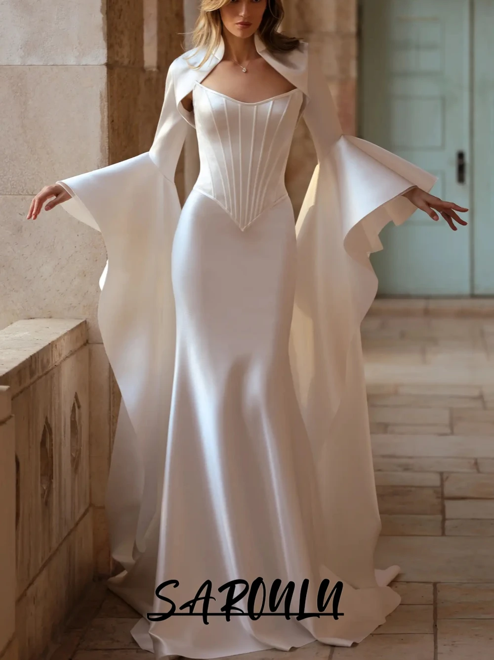 

Satin Mermaid Wedding Dress With Cape, Flared Sleeves Corset Bridal Gown For Bride, Customized Simple Elegant Women Wear