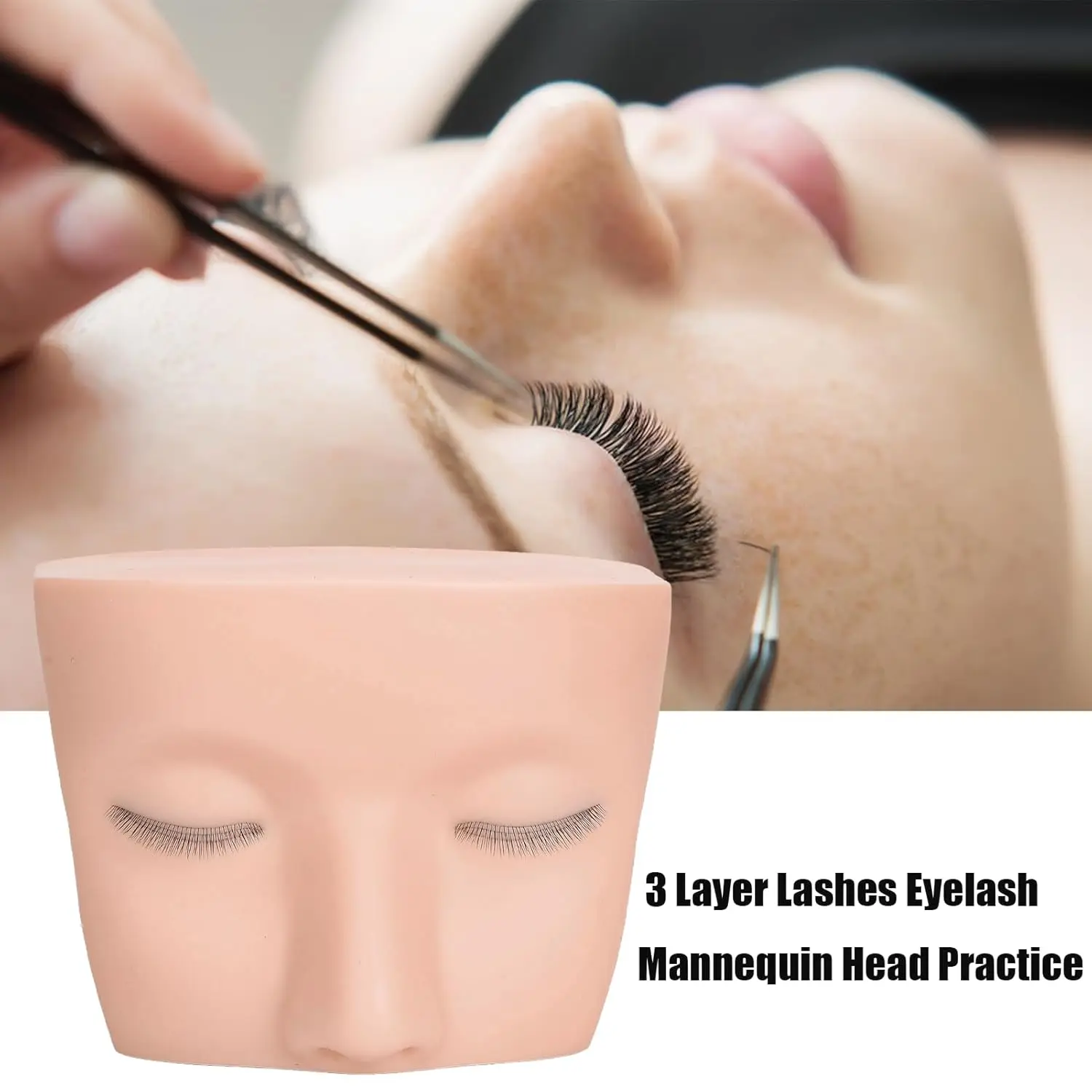 Makeup Mannequin Head with 3 Layer Lashes, Soft Silicone Training Mannequin Face Practice Make Up Eyelash Extensions