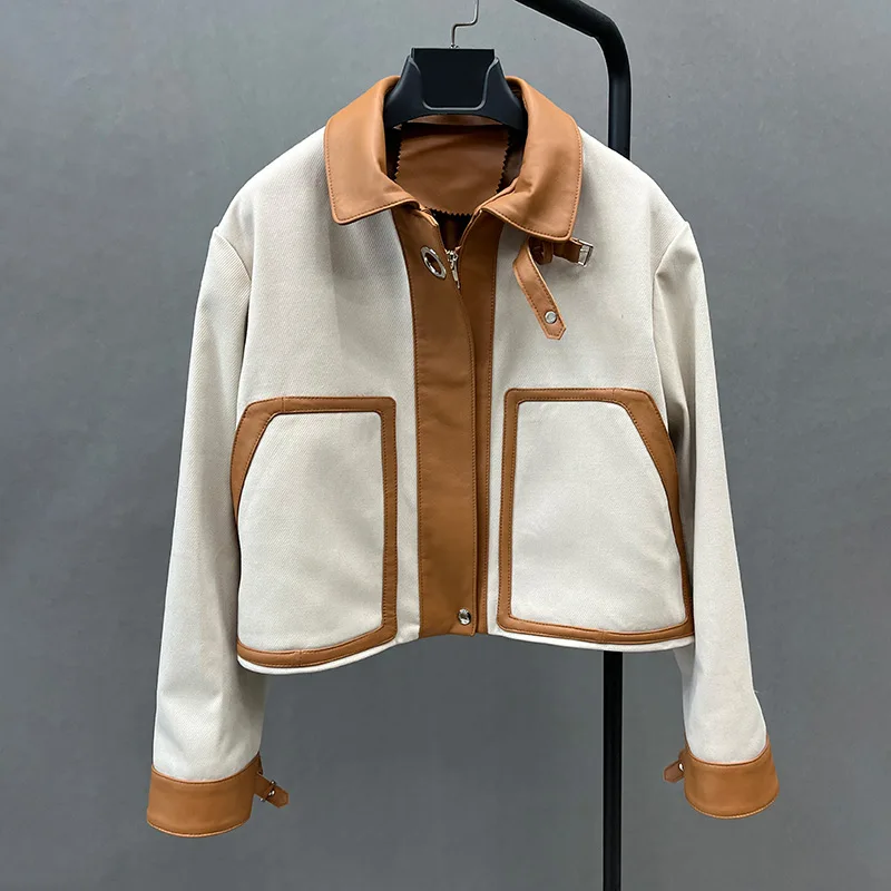 2023 New Women's Genuine Leather Jackets Fashion Patchwork Fabric Coats Real Sheepskin Leather Contrasting Colors ZM4973