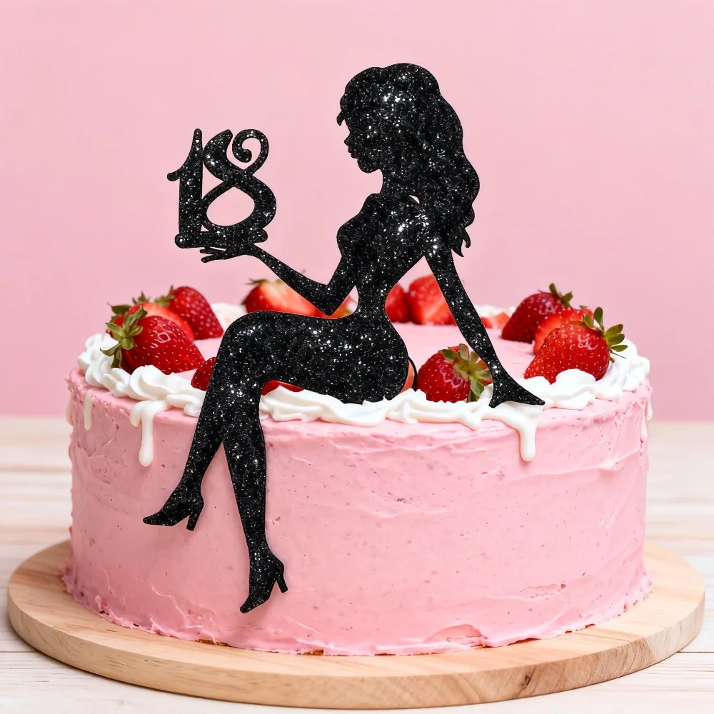 1 Stück Kuchenaufsatz zum 18. Geburtstag, schwarze Papier-Silhouette für kleine Mädchen für 18-jährige Geburtstagsparty-Dekorationen für Frauen – Detail 2