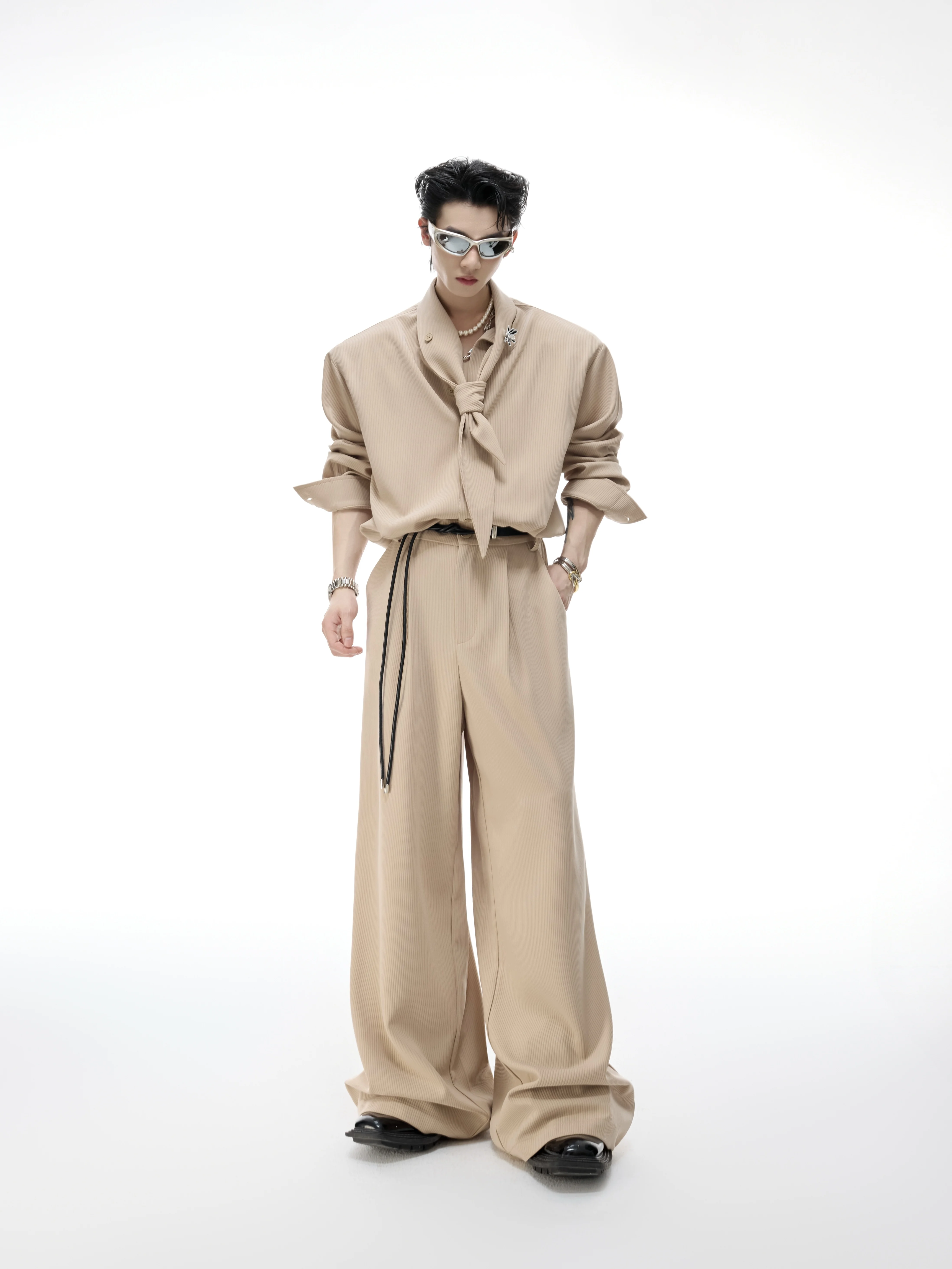 

ArguE CulturE Long Sleeve Shirt Set with Scarf Design Pad Shoulder Wide Leg Pants Elegant Draping Men's Fashion Casual Wear