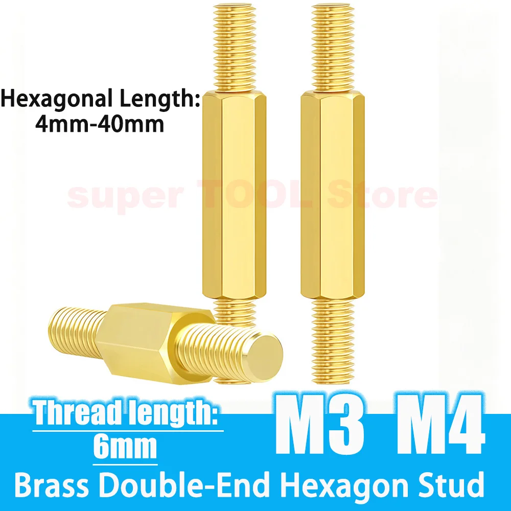M3 M4 Brass Double Head Hex Stud Double End Screw Connecting Rod Support Column Both Ends Thread 6mm Hex Length 4-40mm Fastener