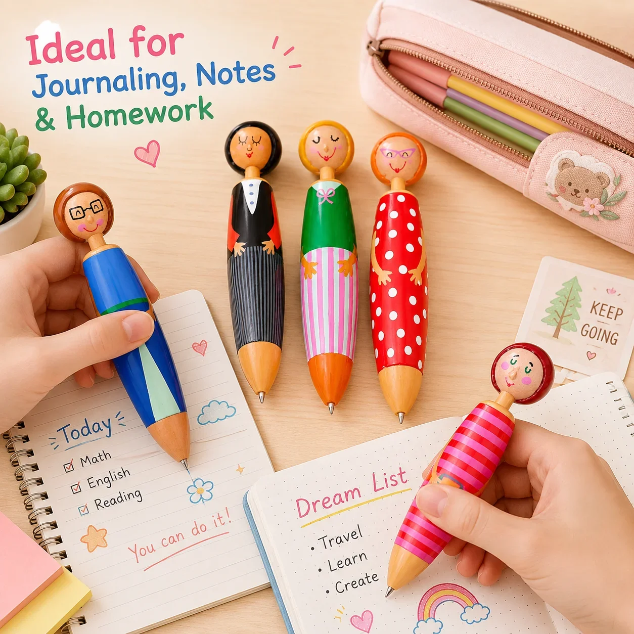 Cute Plush Toy Ballpoint Pen, Blue Click Pen with Cartoon Figure, Fun Student Stationery Gift