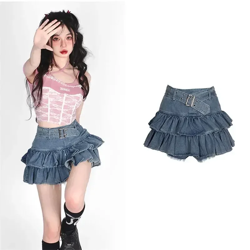 2024 new Korean version design sense hot girl retro denim skirt women a-line skirt summer high waist all-match pleated skirt Y2K