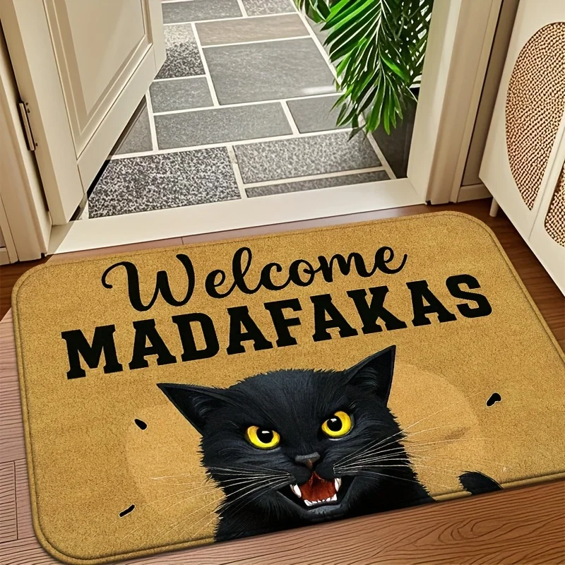 Angry Black Cat Theme Flannel-printed floor mats has a non-slip function is suitable for entrances bathroom welcome carpets