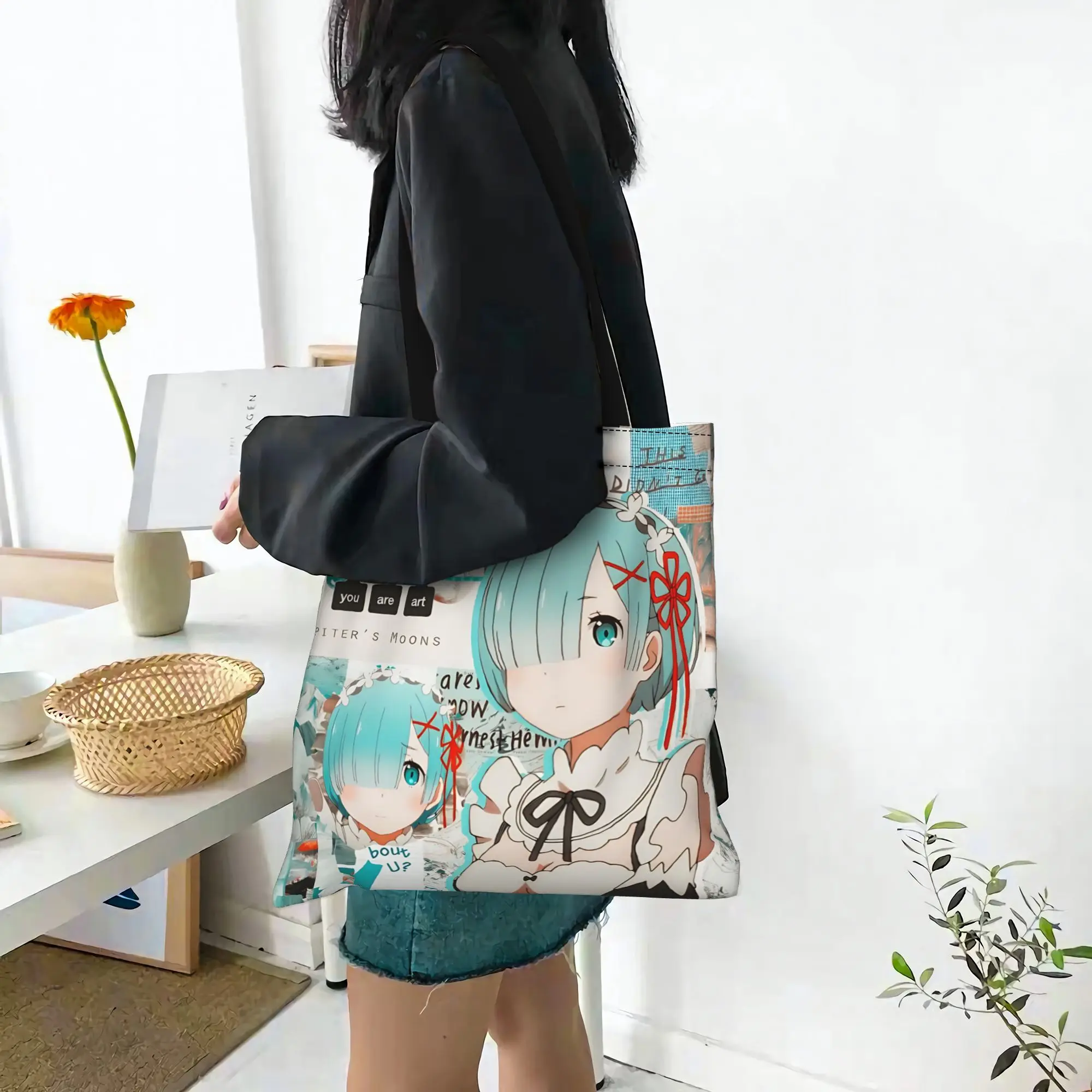 Customized Re ZERO Anime Rem Women's Bag Shopping Bag Reusable Double Sided Canvas Tote Bag Shoulder  Handbag Its bags