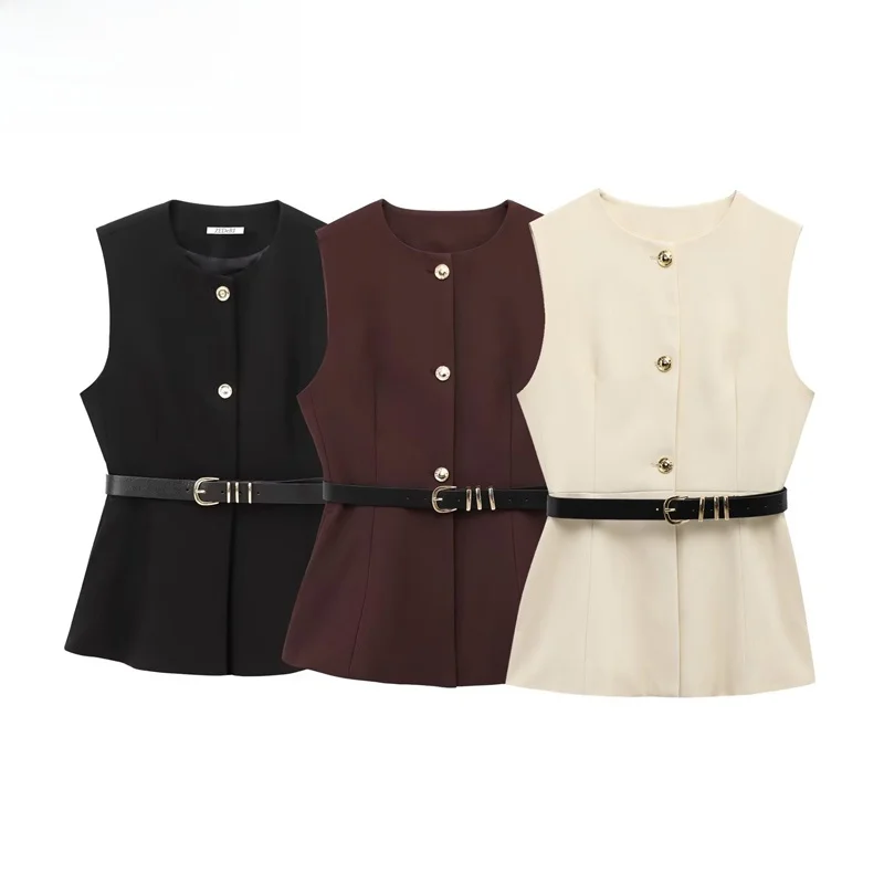 

Spring New Arrival Women's Faionable Long Fur Vest Belted Versatile ZR Sle Commute Wind Polyester Outerwear Regular Length