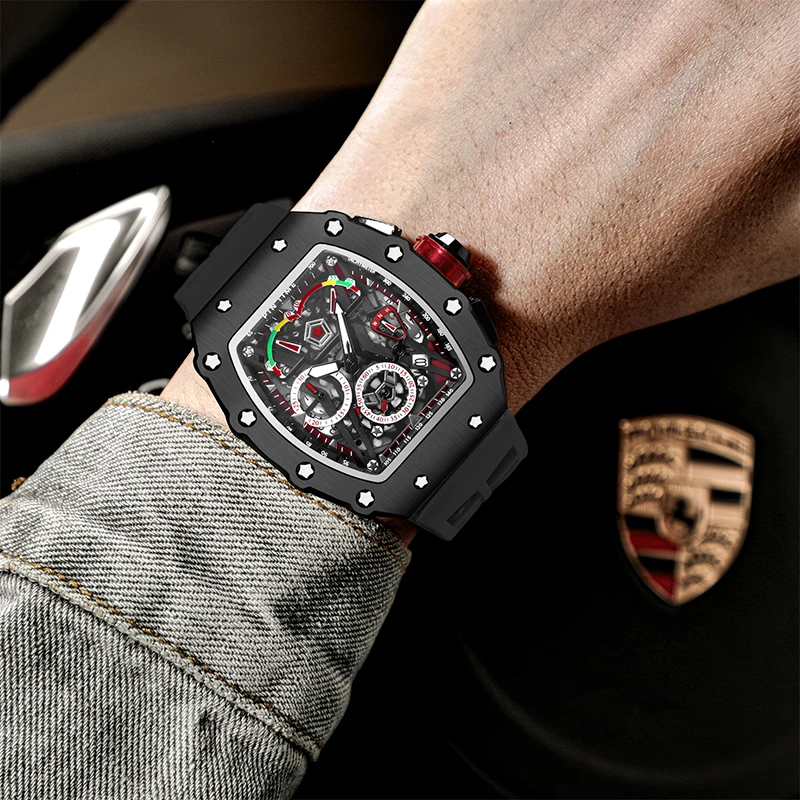 PINTIME Men's Watches Hollow Punk Chronograph Sports Fashion Quartz Wristwatch Silicone Strap Luxury Designer Relogios Masculino